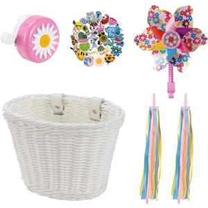 Kids Bike Basket, Bike Basket Front Bike Accessories for Girl Boys, Woven Bicycle Basket with Stickers, Bike Bell, Windmill, and 1pairs Colorful Ribbons Tassels (White)