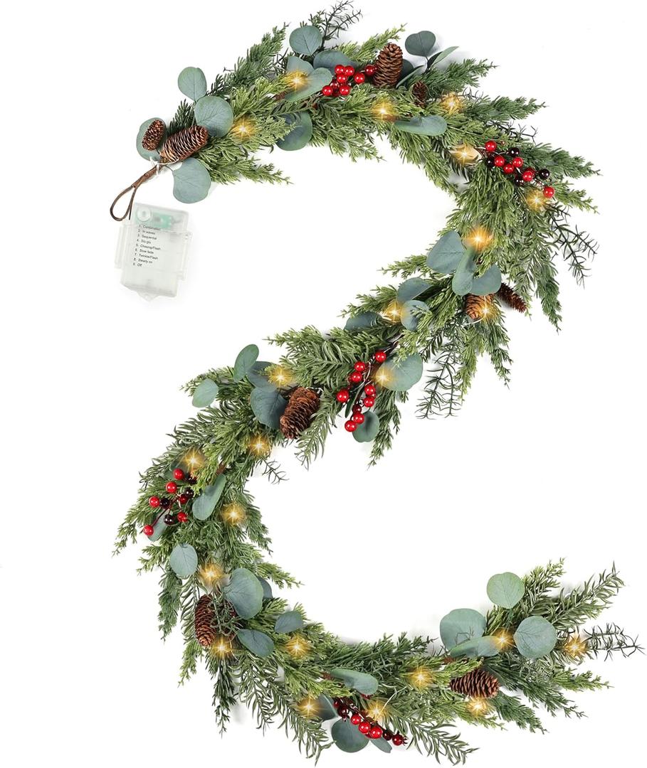 6ft Christmas Garland with Lights Artificial Cedar Cypress Garland with Pine Cones Garland for Home Fireplace Wall Indoor Outdoor Holiday Party Decoration (Style 1)