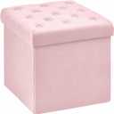 B FSOBEIIALEO Storage Ottoman Cube, Velvet Tufted Folding Ottomans, Pink, 15.7"D x 15.7"W x 15.7"H