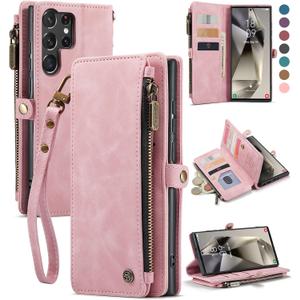 Defencase Compatible with Samsung Galaxy S23 Ultra Case Wallet with RFID Blocking Card Holder for Women Men, PU Leather Magnetic Snap Flip Zipper Strap Phone Case Fit for Galaxy S23 Ultra 5G, Pink (Airy Rose Pink)