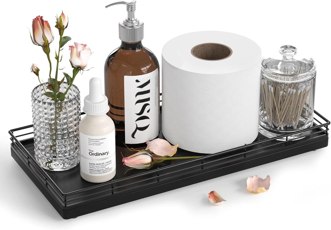 Oak Bathroom Toilet Tank Tray, 13" Wood Toilet Paper Storage Basket Back of Toilet Basket Organizer, Vanity Tray for Perfume Makeup Candle Kitchen Counter Coffee Table Black Tray Decor (13" x 6.5" x 1.5")