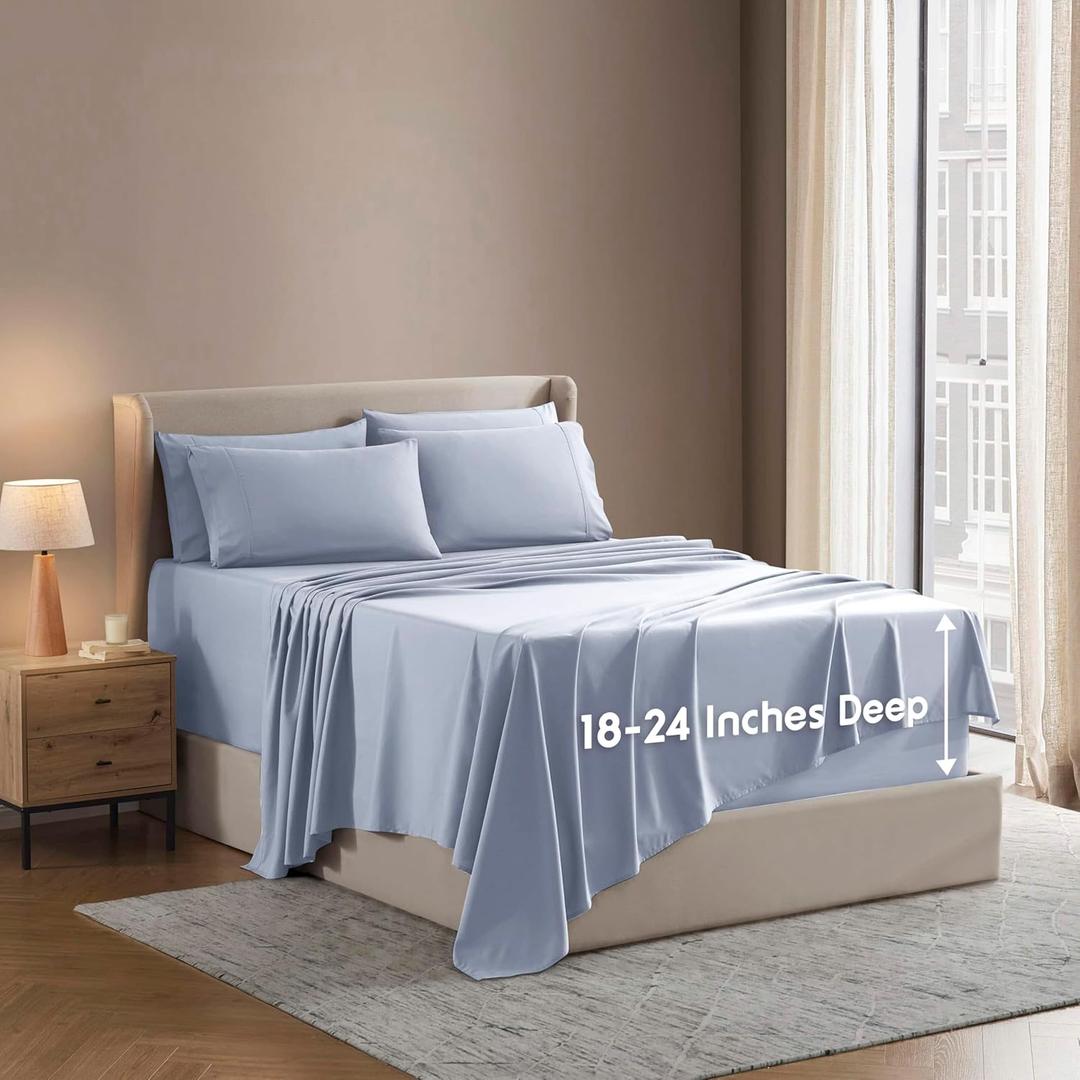 Nestl Extra Deep King Sheet Set - 6 Piece Breathable & Cooling Sheets - Hotel Luxury Bedding Set w/18-24 Inch Deep Pockets - Easy & Secure Fit - Super Soft, Wrinkle Free & Comfy - Ice Blue