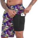 Mens Swim Trunks with Compression Liner, Magic Mushrooms Skulls Men Bathing Suit Swimming Trunks 9 inch inseam Board Shorts Men's Swimwear, 4 Way Stretch Beach Shorts Quick Dry Swimsuits (M)