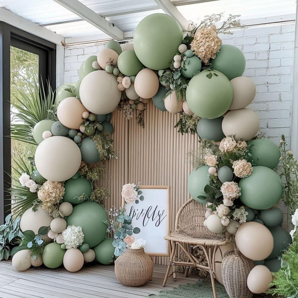 Dusty Green White Sand Balloon Garland - Double Stuffed Light Sage Green White Cream Balloon Arch Kit Latex Olive Beige Balloons for Baby Shower Birthday Woodland Wedding Wild One Party Decor