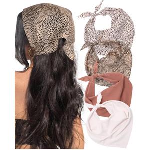 4 Pcs Triangle Head Scarf Headband for Women Hair Bandanas for Women's Hair | Boho kerchief set by AWAYTR. Includes white, curry, white leopard & curry leopard patterns. Great for daily hair style.