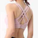 Sports Bras for Women, Criss-Cross Back, Adjustable Wire-Free Medium Support Workout Bra with Removable Cups (Beige)