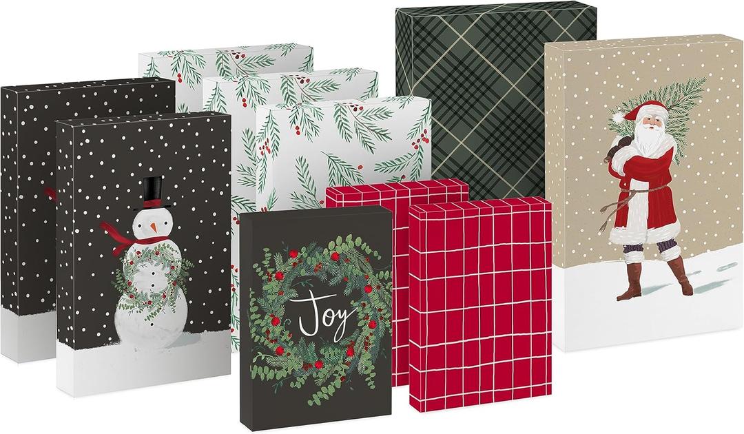 Hallmark Christmas Shirt Boxes for Presents (10 Clothes Boxes with Lids: 3 Small 11", 5 Medium 14", 2 Large 16") Red, Green and Black Plaid, Snowmen, Santa, Winter Greenery