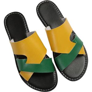 GORGLITTER Women's Colorful Criss Cross Sandals Dressy Leather Open Toe Slip on Slide Summer Beach Flat Sandal (9.5, Green and Yellow)