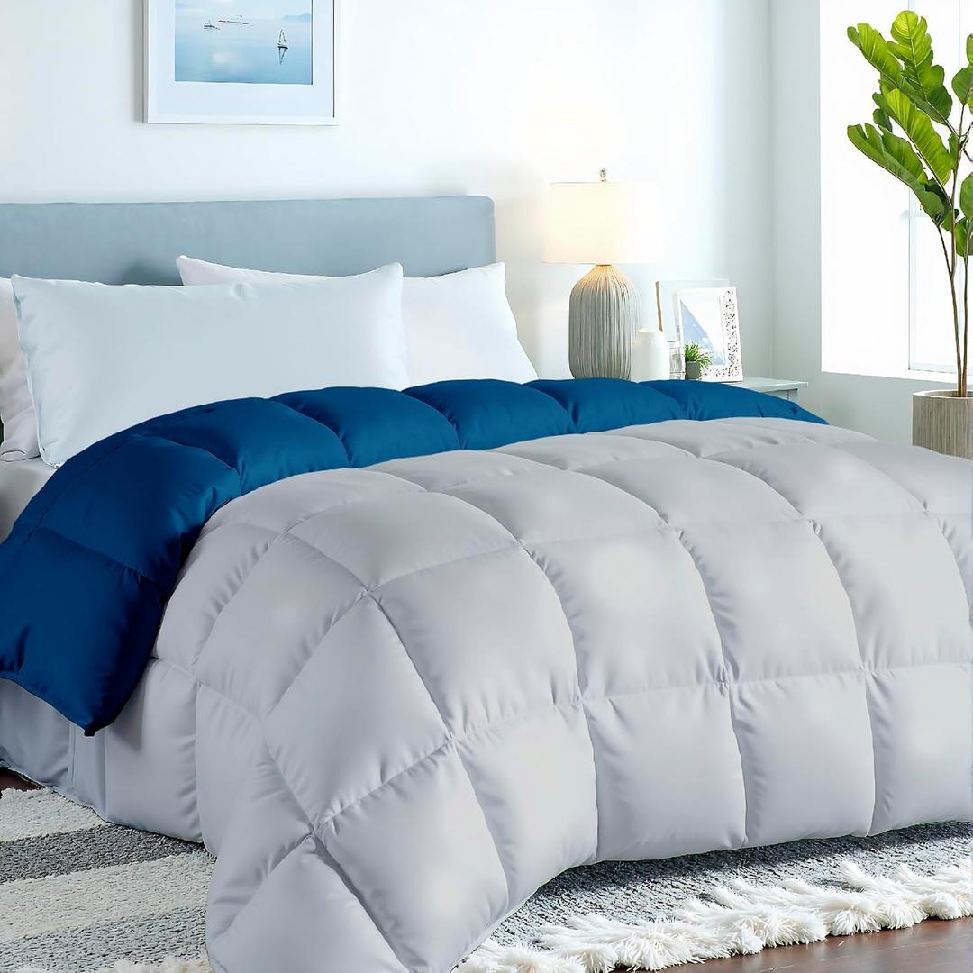 ROYALE LINENS Reversible Comforter - Twin Size Duvet Insert - All Season Soft Quilted Comforters with 8 Corner Tabs - Down Alternative Bedding Comforter - Duvet Insert (Navy/Silver, Twin 64"x84")