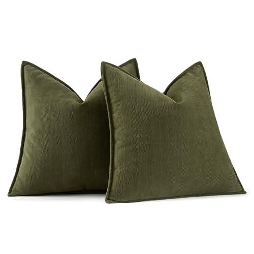 MIULEE Pack of 2 Olive Green Decorative Pillow Covers 20x20 Inch Soft Chenille Luxurious Couch Throw Pillows Farmhouse Cushion Covers with Elegant Design for Sofa Bedroom Living Room Home Decor