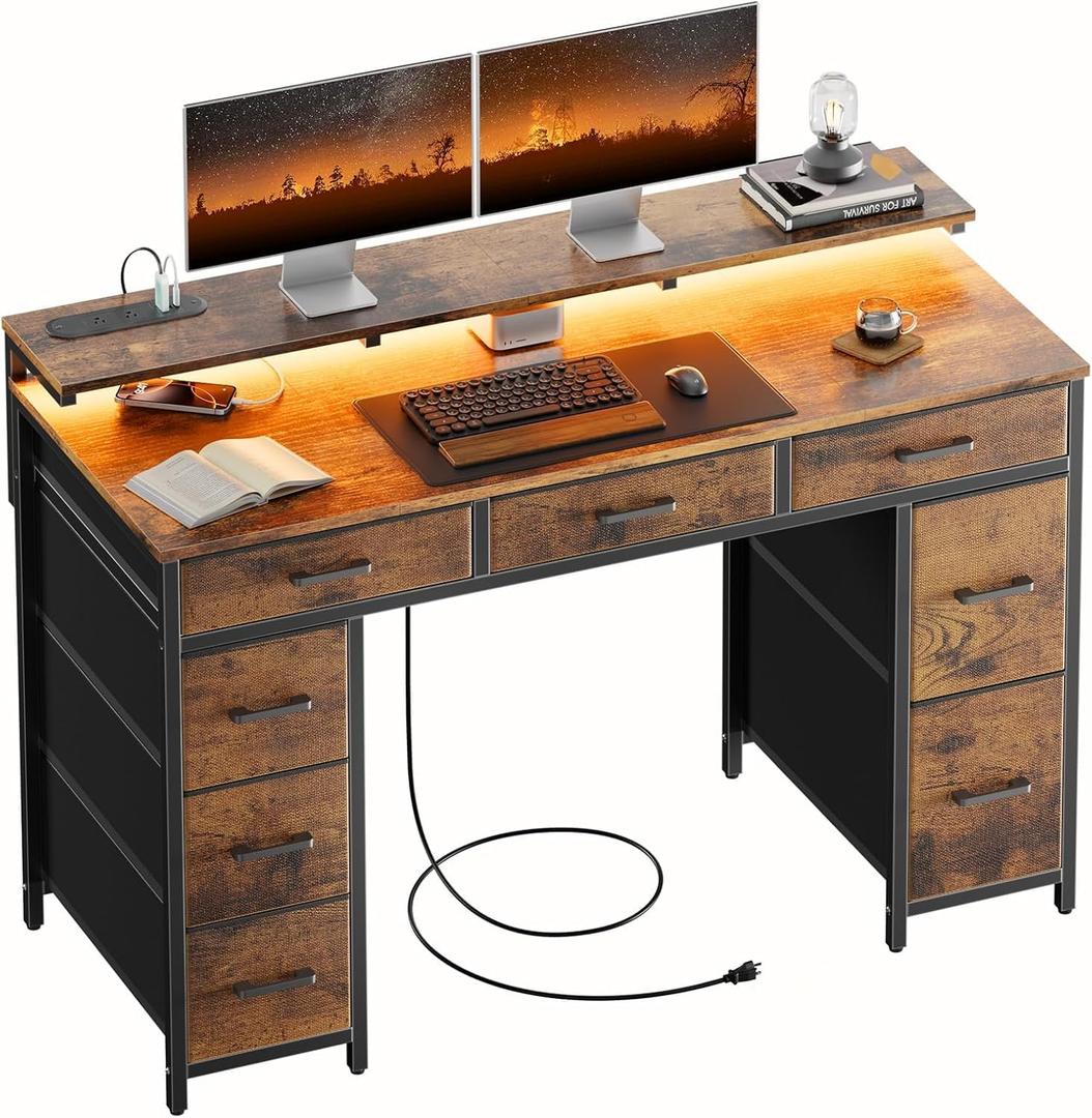 HLDIRECT 47 inch Computer Desk with 8 Storage Drawers, Gaming Desk with LED Lights & USB Power Outlets, Home Office Table with Monitor Stand, Study Writing Work Table for Bedroom, Rustic Brown, 47" W x 20.5" D x 29" H