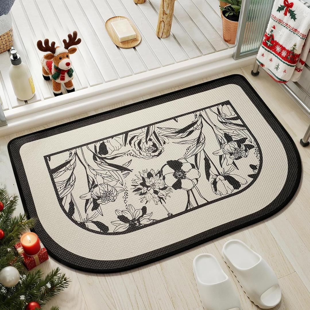 YDKGL Half Circle Bath Mat, Thin Bathroom Rugs Fit Under Door Quick Dry Non Slip Washable Bathroom Mat with Rubber Backing, Absorbent Half Round Shower Rug (20 X 31, C- Flower Black)