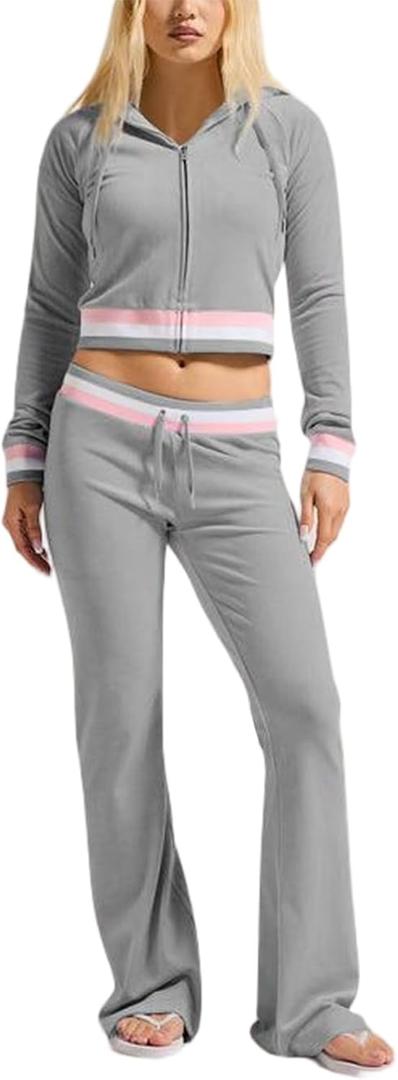 Womens Two Piece Color Block Velour Tracksuit Long Sleeve Zipper Front Hoodie Workout Flare Pants Velvet Fleece Outfits for Women Ladies Wide Leg Sports Set with Pocket Solid Vacation Travel Lounge Small