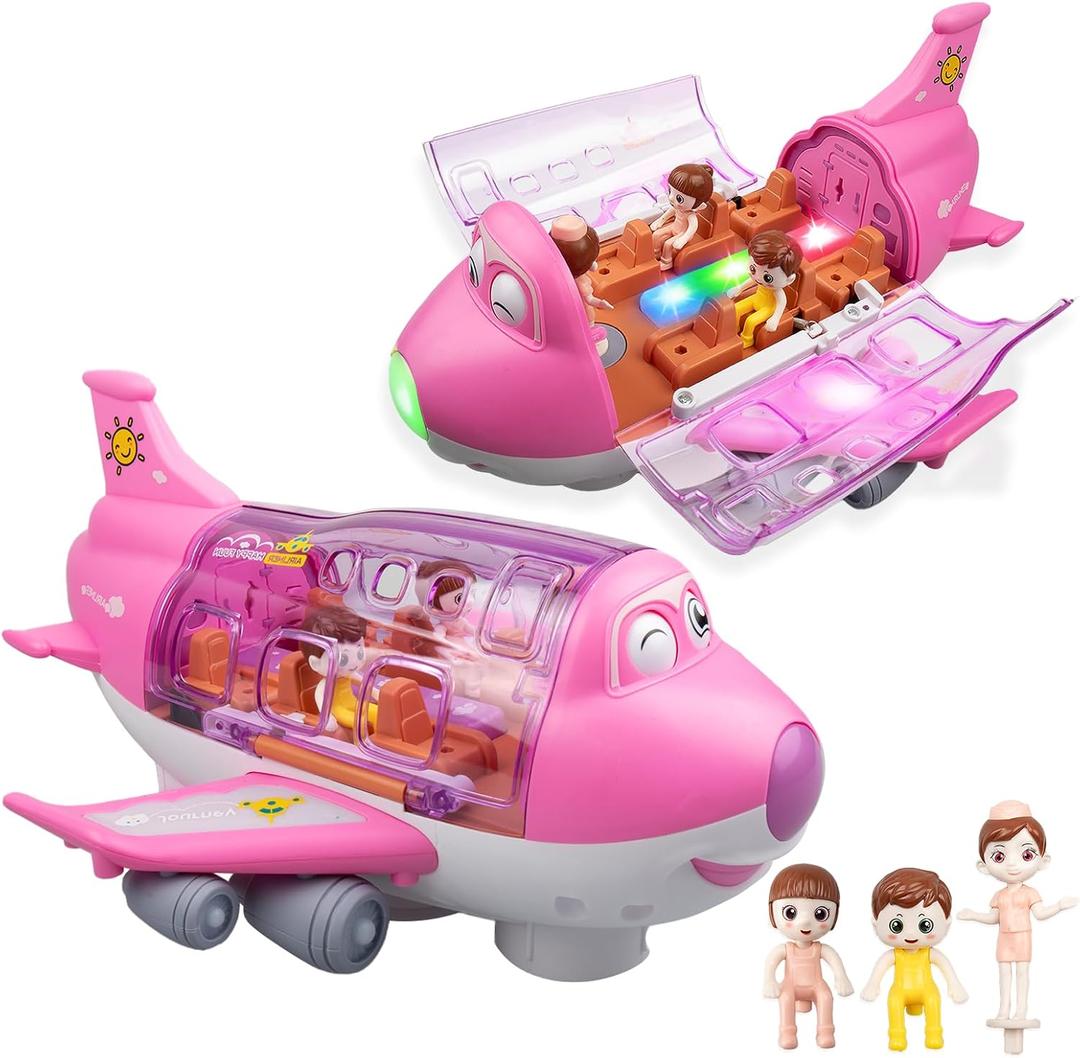 Toy Airplane for Kids - Toddler Toys Bump and Go Action Air Plane with LED Flashing Lights & Sounds, Birthday Gifts for Boys Girls Ages 3-8 Year Olds (Pink)