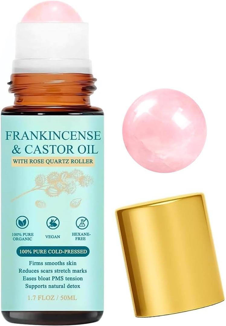 2 x Organic Castor Oil Rose Quartz Roller Ball – 100% Cold Pressed Hexane Free Castor Oil Roll On for Facial Skin Care, Fine Lines, Wrinkles & Under Eye Puffiness