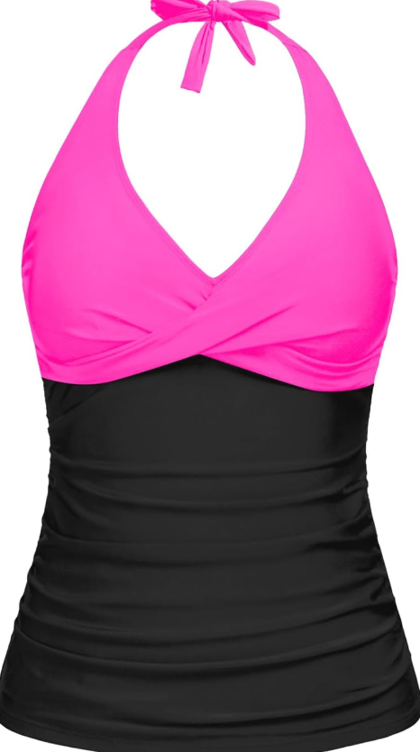 Tempt Me Women Pink Black Tummy Control One Piece Swimsuits with Shorts Boyleg Retro Bathing Suit Halter Swimwear L