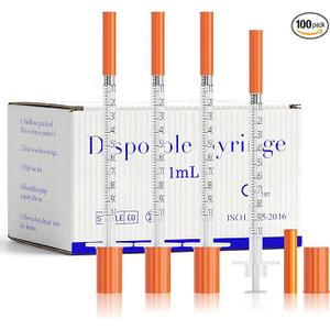 1ml Syringes 30G 1/2" 13mm Needle U-100 Disposable Lab Syringe, 100 Pack