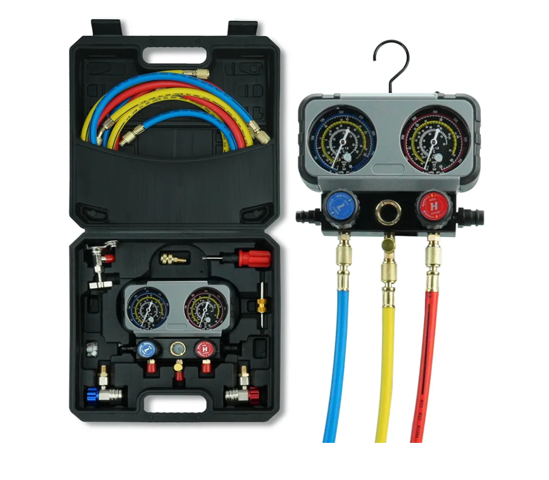 3 Way AC Gauge Set，HVAC Gauges for R134a R410a R12 R22 R502 Refrigerant，Refrigerant Gauge Kit with 5FT Hoses, Anti-Collision Dial，R410a Adapter, Puncturing Can Tap