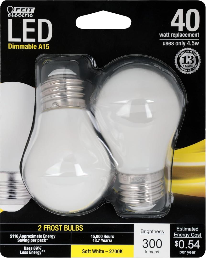 Feit Electric - Decorative Frost Glass Filament LED Dimmable 40W Equivalent Soft White (2700K) Classic A15 Light Bulb, Pack of 2 (BPA1540/F/827/LED/2)