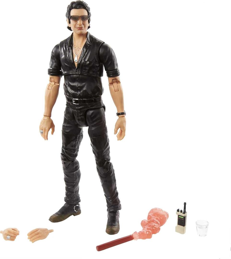 Jurassic World Amber Collection Dr. Ian Malcolm 6-in Action Figure, Swappable Hands, Movie-Inspired Radio, Flare & Water Cup Accessories, Collectible Gift for 8 Years Old & Up