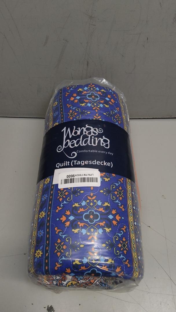 WONGS BEDDING Boho Quilt Set Queen Size, Blue Bohemian 3 Pieces Quilt Sets, Lightweight Bedspread Coverlet Bedding Set for All Season (96"x90")