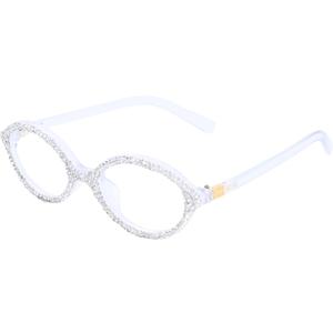 ICARA Fashion Rhinestone bling Reading Glasses for Women Retro Oval Reader Trendy Diamond Party Magnifying Glasses (White)
