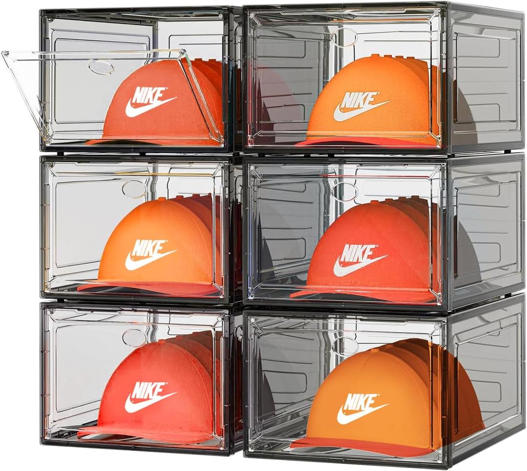 6 Pack Hat Organizer Box, Stackable Clear Baseball Caps Holder Box Containers with Magnetic Door for Hats Snapback Cap Storag, Hat Rack Display Case, Holds 8 Hats Each (Black)