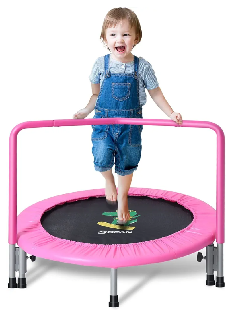 BCAN 36'' Mini Folding Ages 2 to 5 Toddler Trampoline with Handle for Kids, Two Ways to Assemble The Handle, Indoor/Garden Toddlers Trampoline with Super Safe Cover for Toddlers