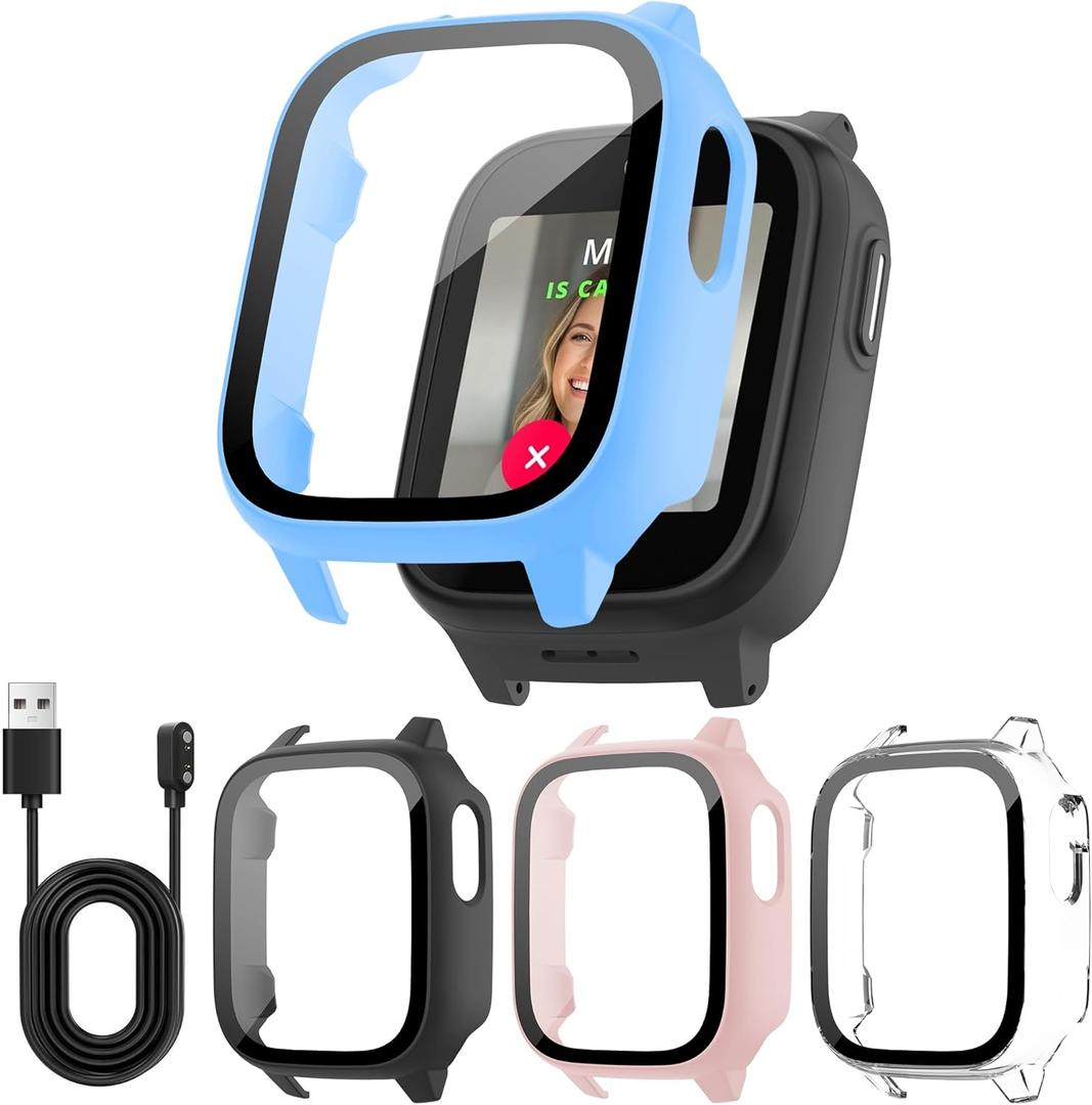 4 Pack Case for Cosmo JrTrack 5 Kids Smart Watch with Tempered Glass Screen Protector, Shockproof Hard PC Bumper, Magnetic USB Charging Cable, Scratch Resistant Protective Cover (Sky Blue/Black/Pink/Clear)