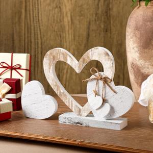 Amyhill 2 Pcs Vintage Rustic Wood Heart Decor White Farmhouse Love Ornaments Centerpiece Wooden Heart Table Tiered Tray Decoration for Mother's Day Wedding