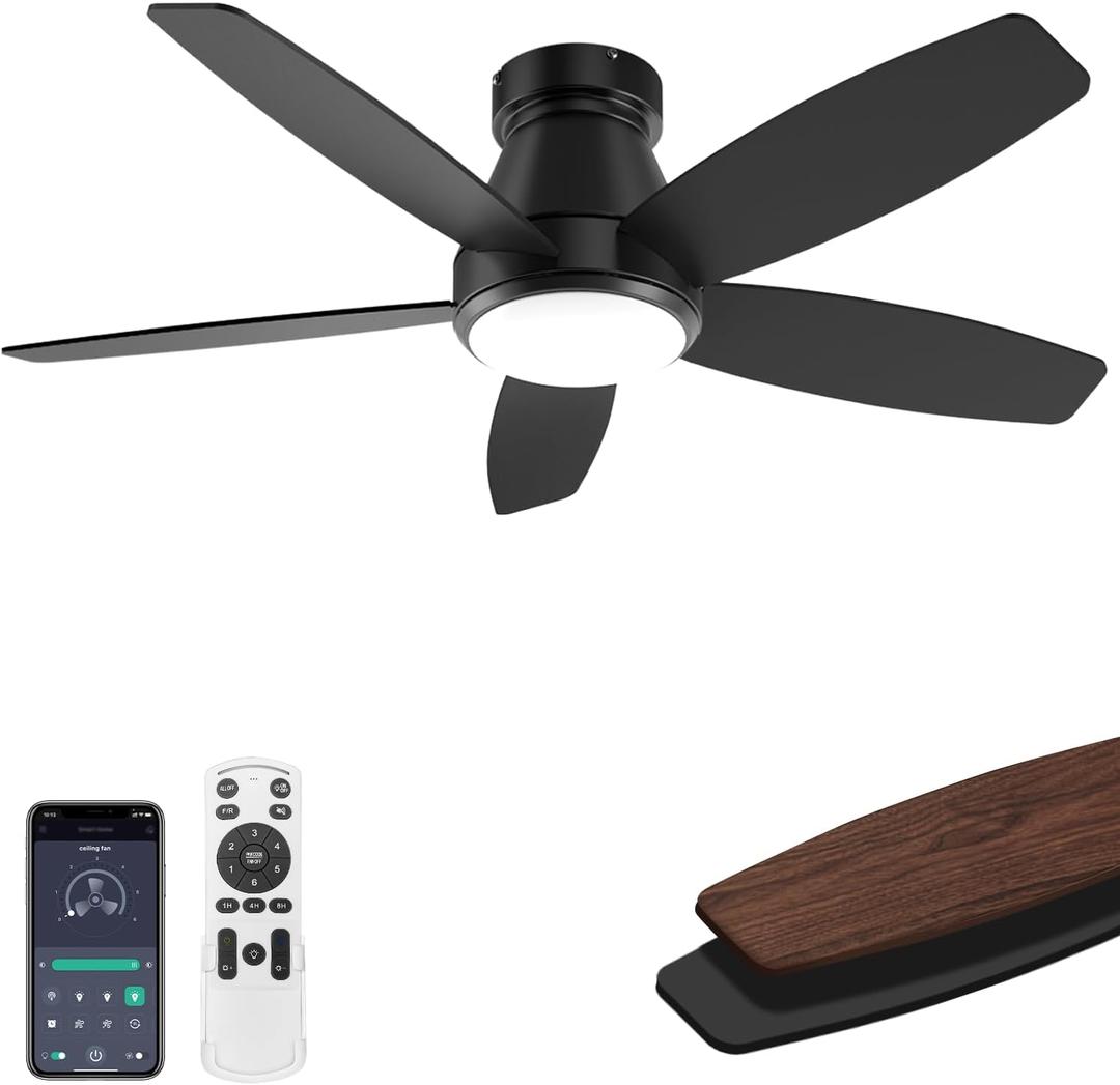 42 Inch Ceiling Fans with Lights, Quiet Reversible Fan with Remote & APP Control, 6-Speed, 3 Color Temperatures Dimmable LED, DC Motor, Low Profile Ceiling Fan for Bedroom Living RoomBlack
