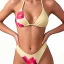 MakeMeChic Women's Polka Dots Triangle Thong Bikini Sets Floral Cute Bathing Suit Swimsuits Yellow Floral Small
