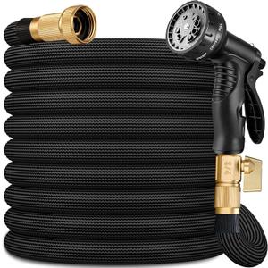 Flexible Garden Hose 50 FT, Ultra Lightweight Water Hoses 50FT w/10 Function Sprayer and 3/4" Brass Fittings, Kink-Free, Sturdy, Abrasion Resistant for Yard, Lawn, Outdoor and Gardening(Black)
