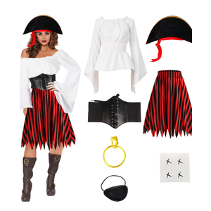 Pirate Costume Adult Halloween Costumes Women Pirate Shirt and Skirt Outfit with Hat Corset Eye Patch Accessories, L-XL