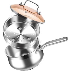 WANGYUANJI 2.5 Quart Stainless Steel Saucepan with Steamer Insert, 2-in-1 Sauce Pot with Lid & Steamer Basket, Tri-Ply Bottom Induction Cookware for Boiling, Soup, Milk, Silver