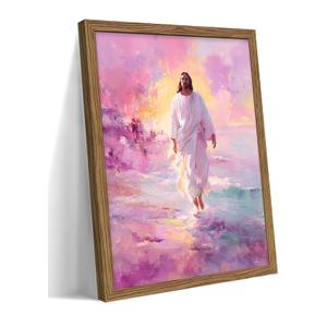 Framed Pink Jesus Wall Art Gifts for Christian, Jesus Walking On Water Canvas Prints, Savior Christian Wall Decor, Inspiring Religious Belief Artwork Decor for Prayer Room 12x16in