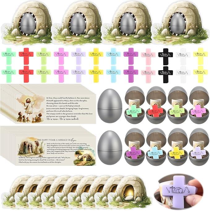 PullCrease 20 Sets Christian Easter Basket Stuffers Bulk Eggs Bible Story Cards Stress Cross Stone and He Has Risen Cards Religious Sunday School Crafts Holy Week Gifts for Church (Classic)