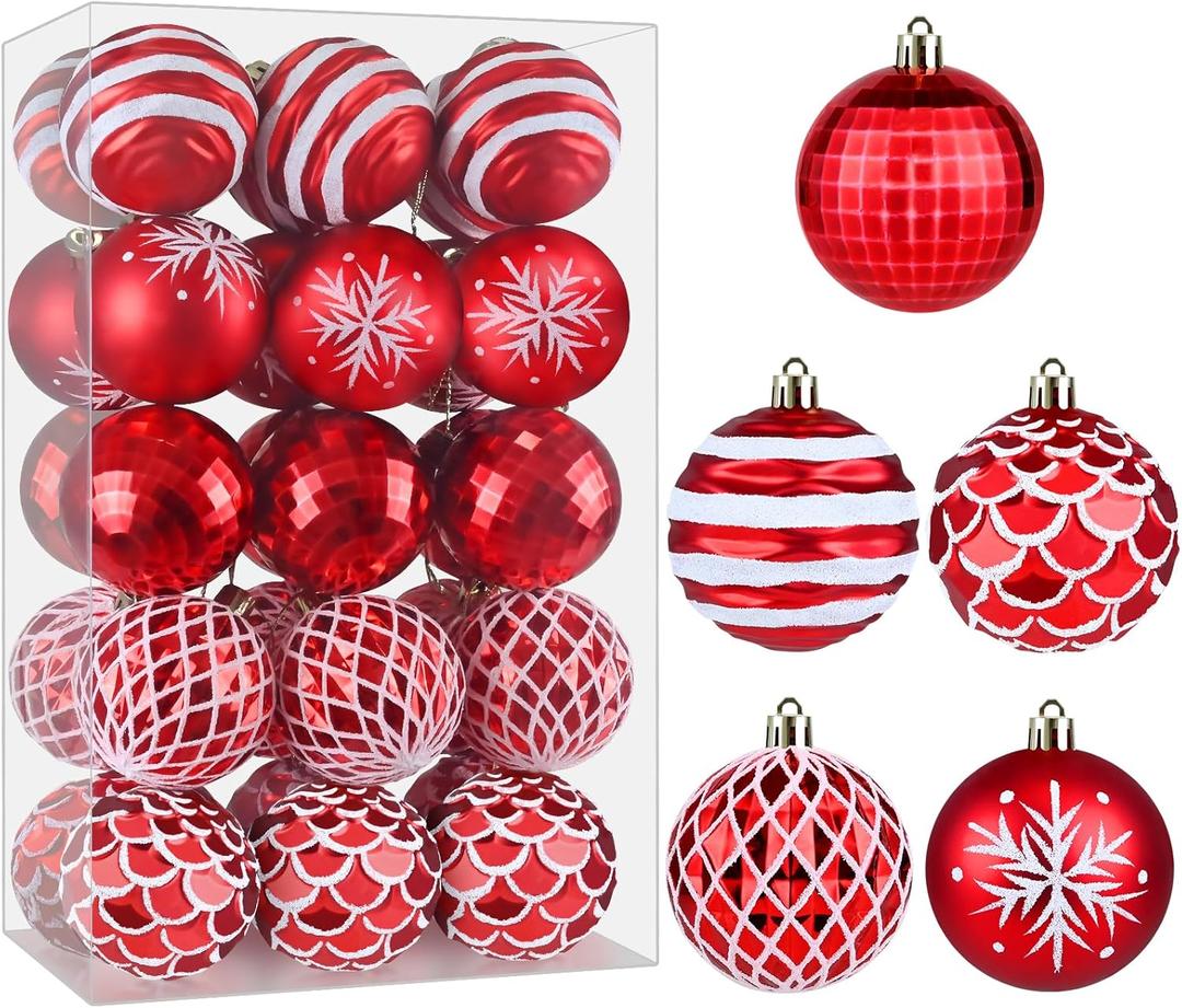 Christmas Ornaments Balls - 30PCS 2.4 Inch Shatterproof Plastic Christmas Balls Sets, Red Small Christmas Tree Ball Hanging Ornaments for Holiday Wreath Party Christmas Tree Decor (F)