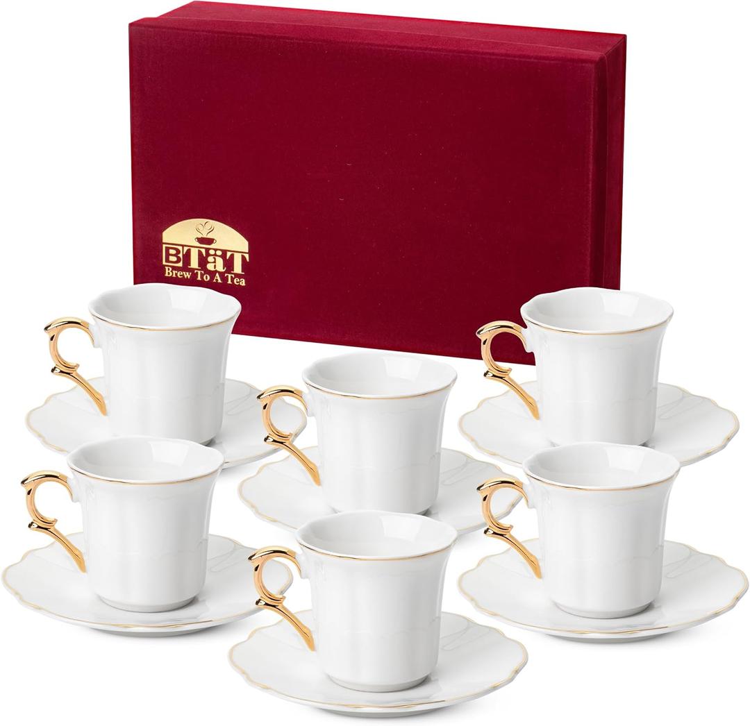 BTaT- Turkish Coffee Cup Set, 3 oz, 6 Pairs (12 pcs), Elegant White Cups & Saucers with Gold Trim & Gift Box, Small Porcelain Espresso Set for Serving Greek, Arabic & Turkish Coffee, Mothers Day Gift