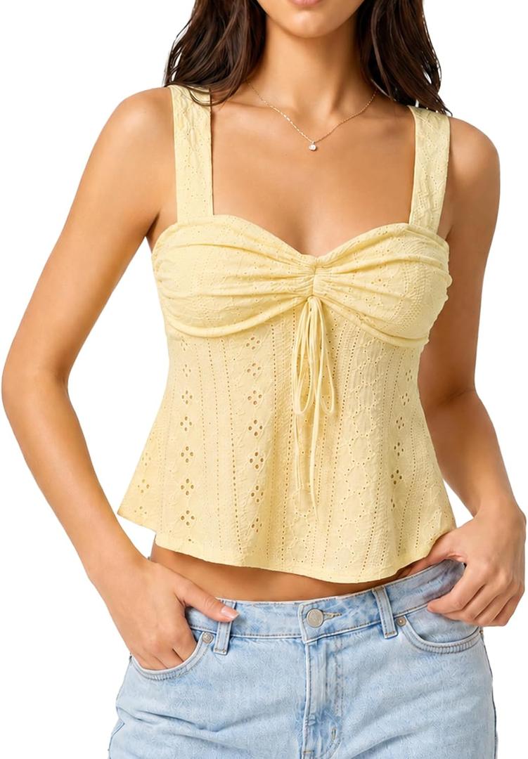 ELLEVEN Babydoll Tank Tops for Women, Sleeveless Flowy Ruffle Tie Front Casual Trendy Cute Y2k Summer Going Out Tops (Yellow)