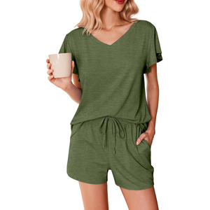 Ekouaer Women's Pajamas Set Ruffle Sleeves Sleepwear V Neck Comfy 2 Piece Pjs Loungewear Set with Pockets, Medium