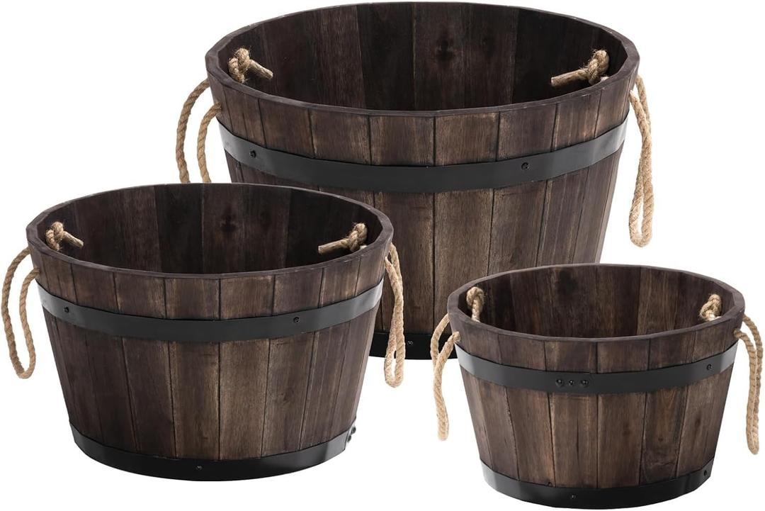 Set of 3 Wooden Flower Boxes Outdoor, Durable Acacia Wood Barrel Planters for Outdoor Plants with Ergonomic Handles, Drainage Holes, Multiple Sizes Wood Bucket Planter for Home Dcor (Dark Brown_round Wood Planter Pots_rope Handle)