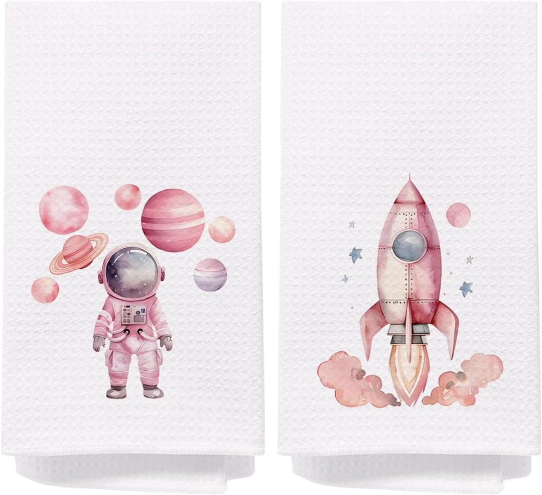 SPBL&L Space Kids Hand Towels Set of 2, Pink Astronaut Rocket Decorative Hand Towels, 16x24 Inches
