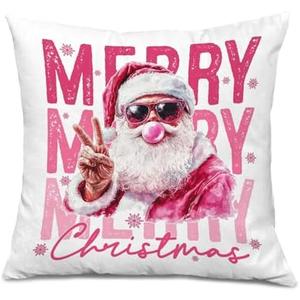 Foritho Pink Merry Christmas Santa Pillow Covers 18x18, Pink Christmas Decor, Trendy Retro Xmas Santa Winter Holiday Decorative Throw Pillow Covers for Home Living Room Bedroom