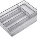 Neudeco Silverware Drawer Organizer Holder, Cutlery Tray Silverware Flatware Storage Divider for Kitchen, Bedroom, Living Room,Mesh Wire with Non-slip foam Feet, 5 Compoment Silver