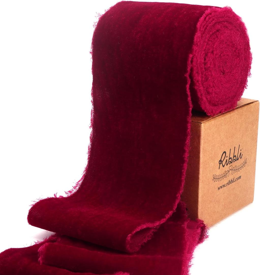 Ribbli Burgundy Velvet Ribbon 3 Inch Handmade Frayed Vintage Christmas Ribbon for Gift Wrapping Christmas Tree Ornament Wreath Craft Home Decor -3 Yards