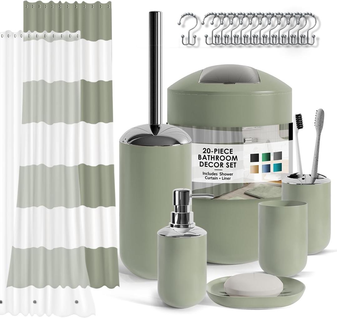 Clara Clark Bathroom Set - Sage Green Bathroom Accessories Set, 20PC Bathroom Accessory Set, Shower Curtain Set with Liner, Toothbrush Holder, Soap Dispenser, Soap Dish, and Toilet Brush Holder