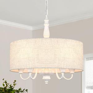 18'' Drum Chandelier, 5-Light Round Chandelier Modern Pendant Hanging Light Fixture with Linen Shade, Rustic Farmhouse Chandeliers for Dining Room Over Table Bedroom Living Room Foyer