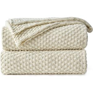Longhui bedding 100% Cotton Knitted Throw Blanket – Cream, Soft & Cozy, Machine Washable, 60"x80" – Perfect for Living Room, Couch, Sofa, Bed or Travel