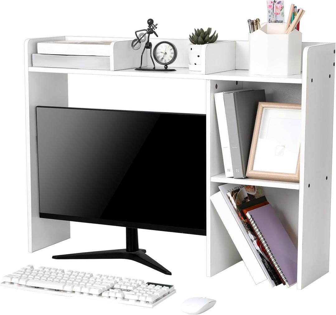 Briwooody Dorm Desk Bookshelf Desk Hutch Organizer with 5 Shelves and 3 Tier Desktop Hutch Storage Organizer for College Dorm Home Office Supply, 32.5 x 23.5 x 8 Inch (White)